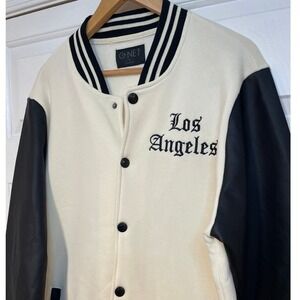 Varsity Jacket Faux Leather Los Angeles LA California‎ Mens L Black Cream G-NET